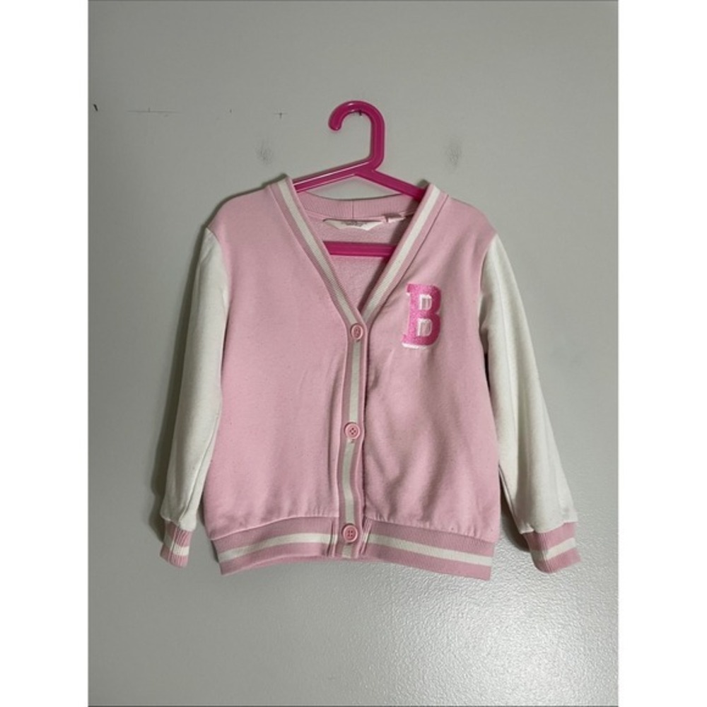 H&M Barbie Varsity Cardigan Pink Cotton Blend Glitter Size 5T/6 Girls Jacket